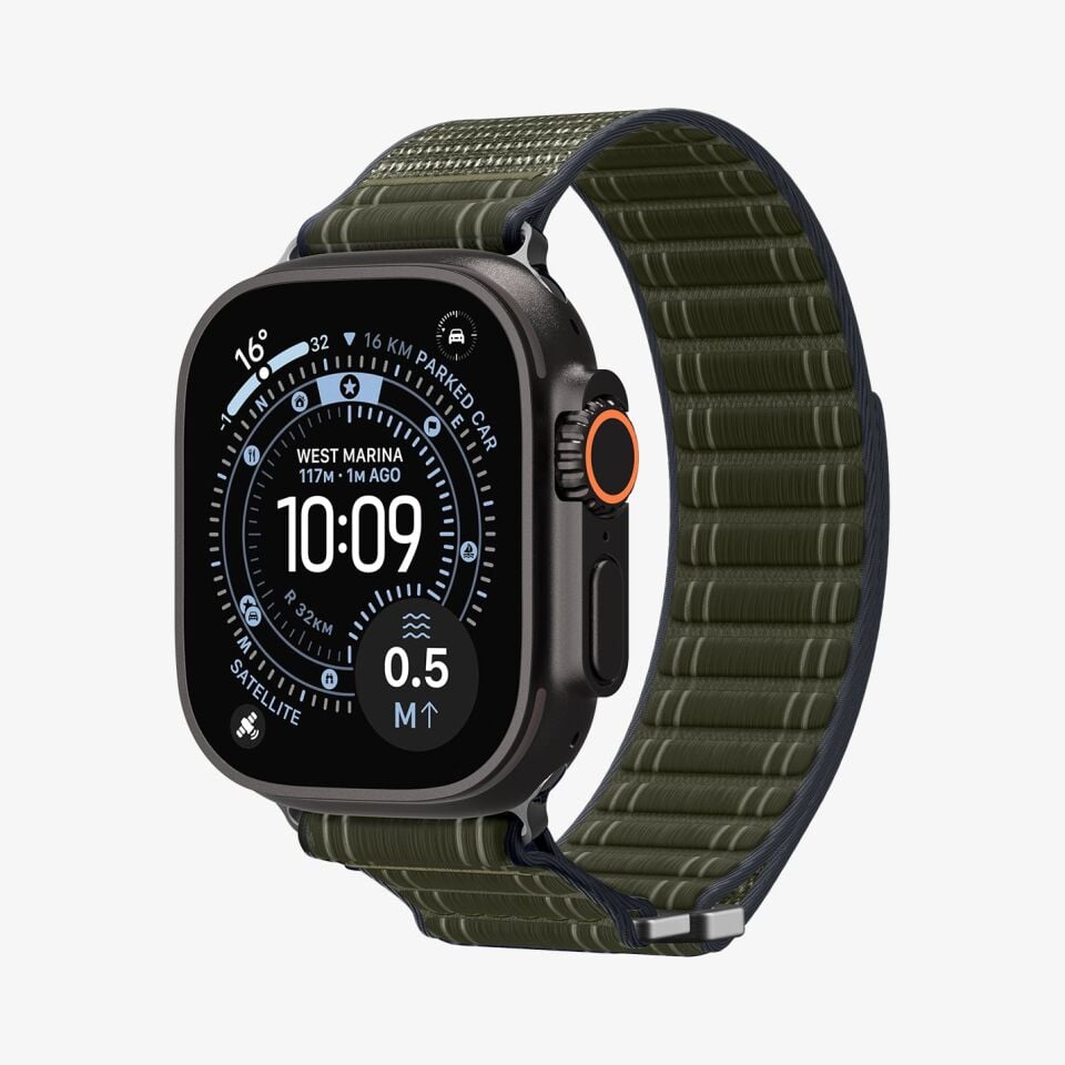 Spigen Apple Watch 49mm Ultra Seri 3/2/1 - 46mm Seri 11/10 - 45mm Seri 9/8/7 - 44mm Seri SE3/SE2/SE/6/5/4 ile Uyumlu Kordon Kayış Band WBF0 Green