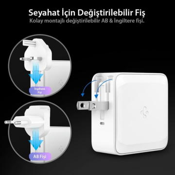 Spigen 45W USB-C 2 Port Güç Adaptörü - Hızlı Şarj Aleti iPhone & Android & iPad & MacBook Type-C Değiştirilebilir Başlık White