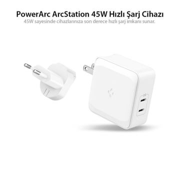 Spigen 45W USB-C 2 Port Güç Adaptörü - Hızlı Şarj Aleti iPhone & Android & iPad & MacBook Type-C Değiştirilebilir Başlık White